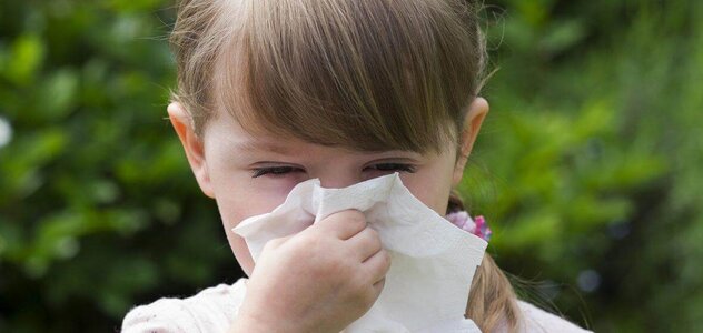 The girl is blowing her nose into tissues. She has blond hair braided and a pink T-shirt. In the background you can see green.
